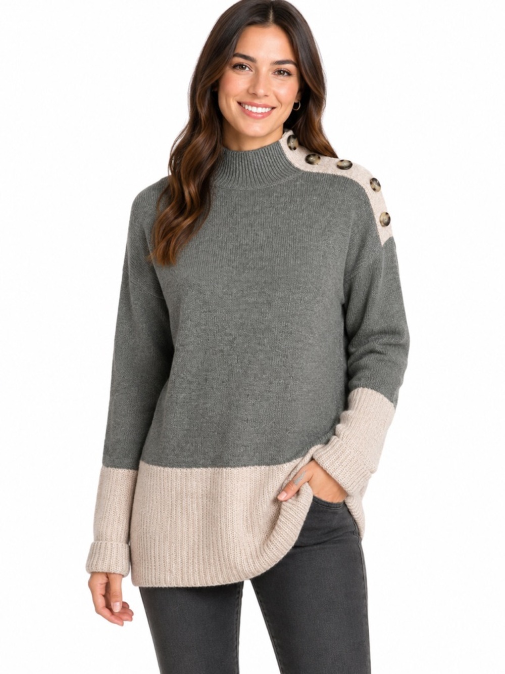 Max Studio Grey Beige Colour Block Knitted Mock Turtleneck Wool Blend Sw…